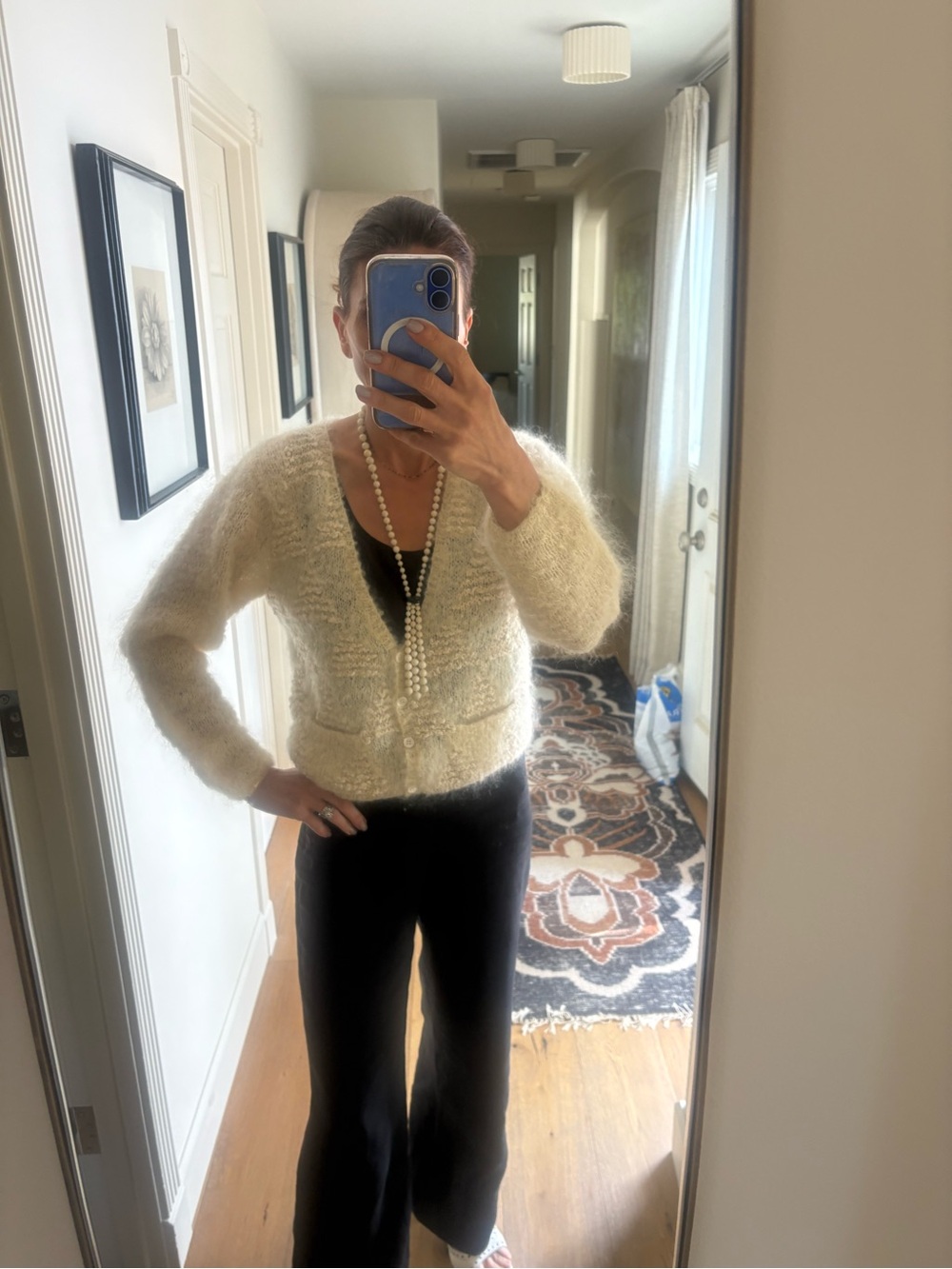VTG Lauren Hansen Hand Knitted Mohair Wool Cardigan Cream Fuzzy Sweater M - Picture 5 of 15